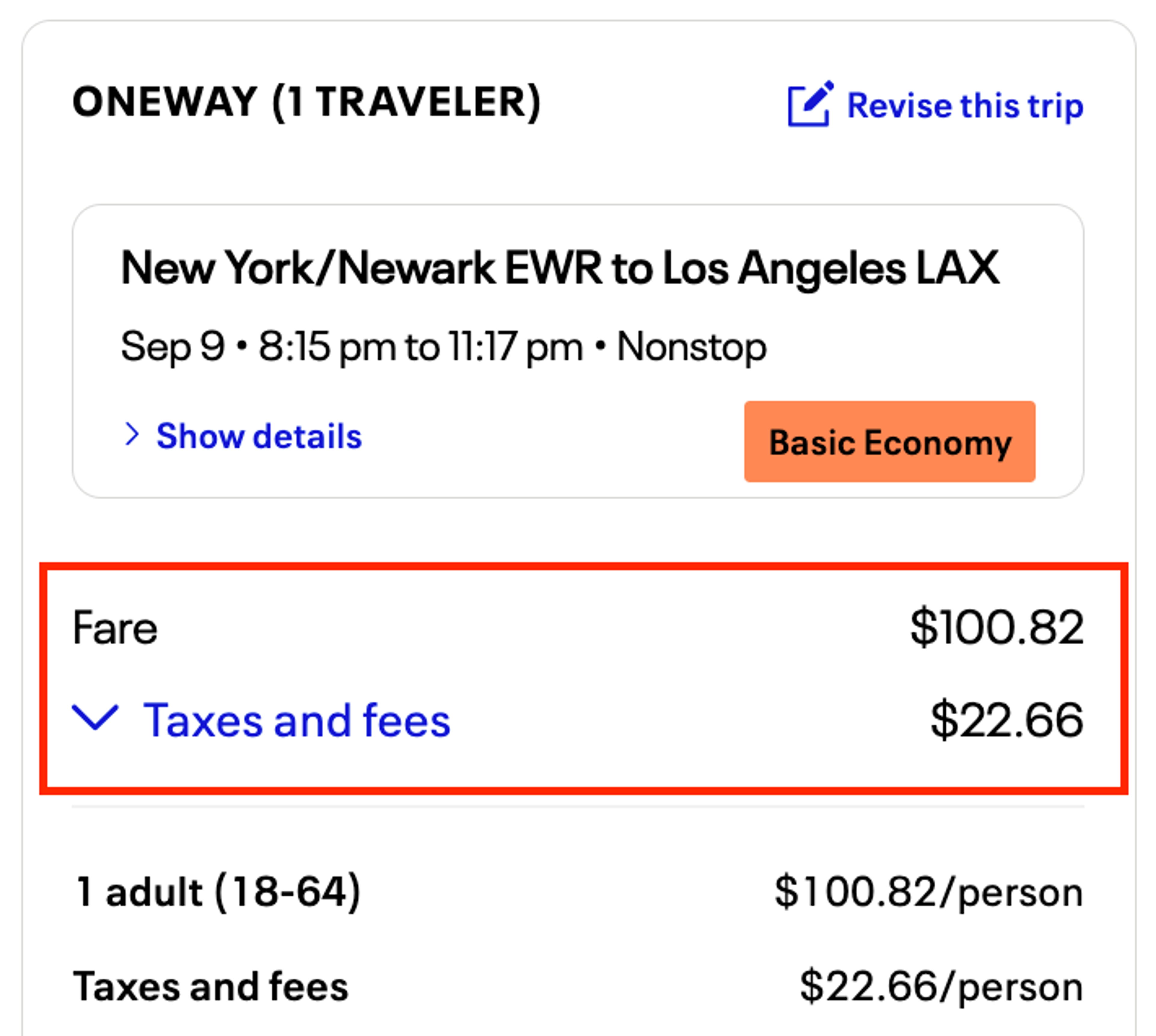 A breakdown of the fare and associated fees from aforementioned flight