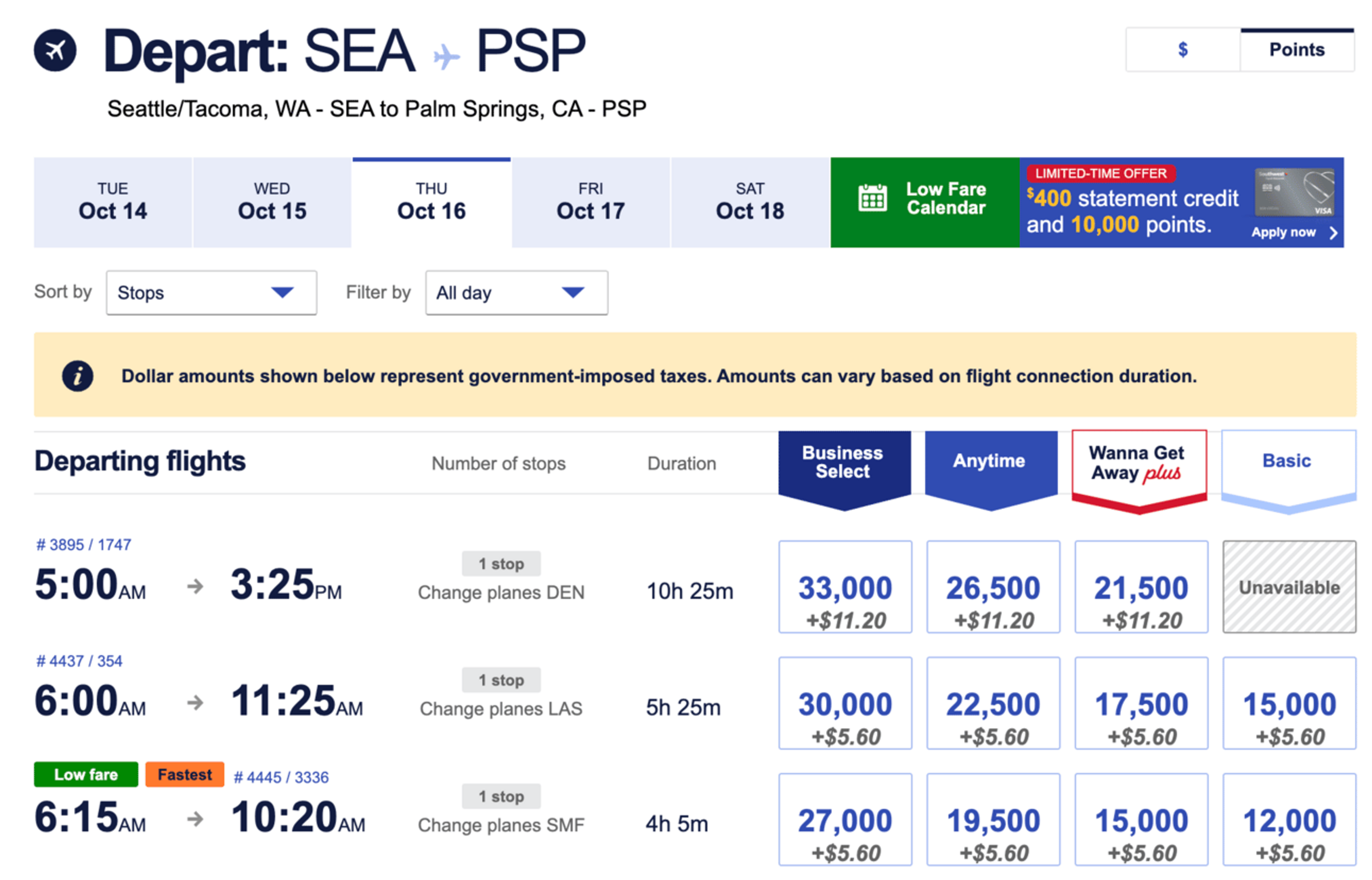Screenshot from southwest.com