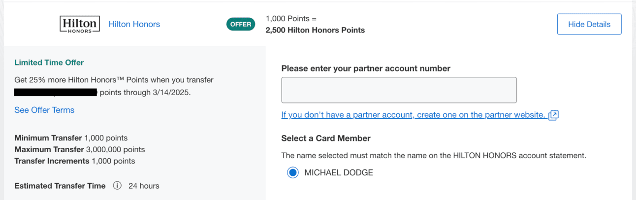 25% transfer bonus to Hilton