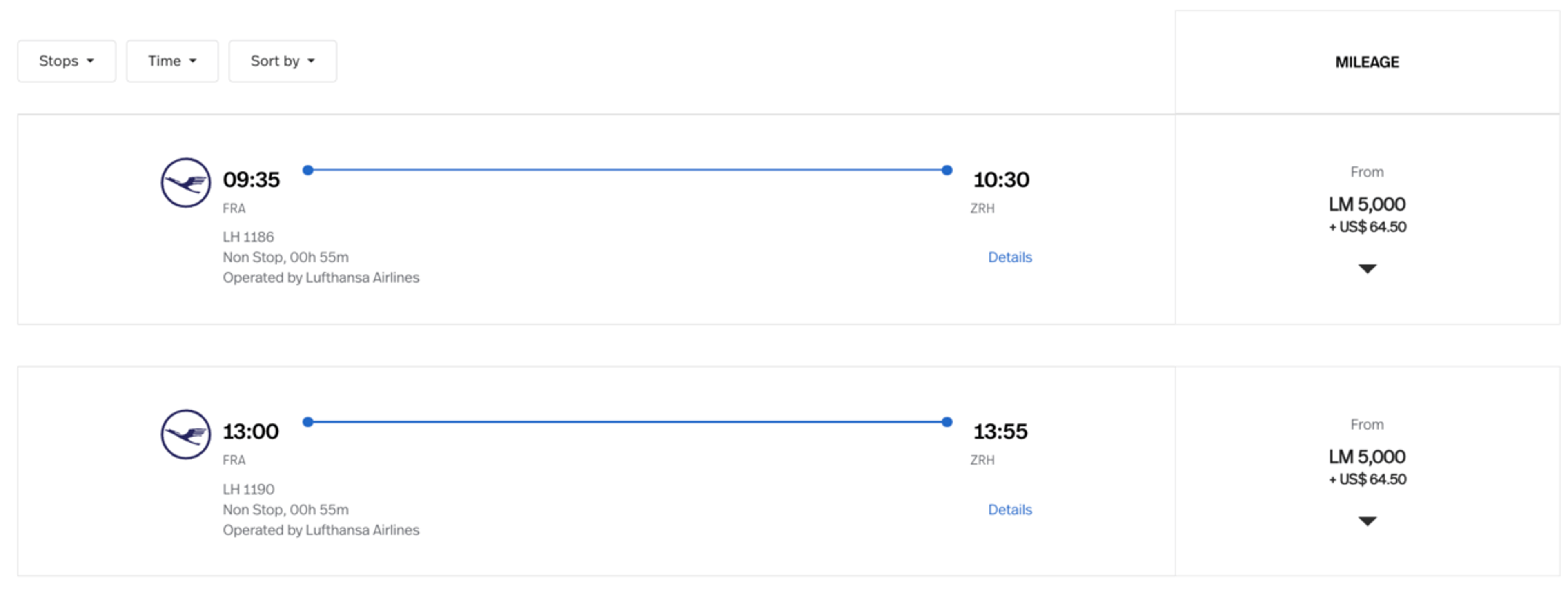 A screenshot of the Lifemiles booking site showing regional Lufthansa flights for 5,000 miles each