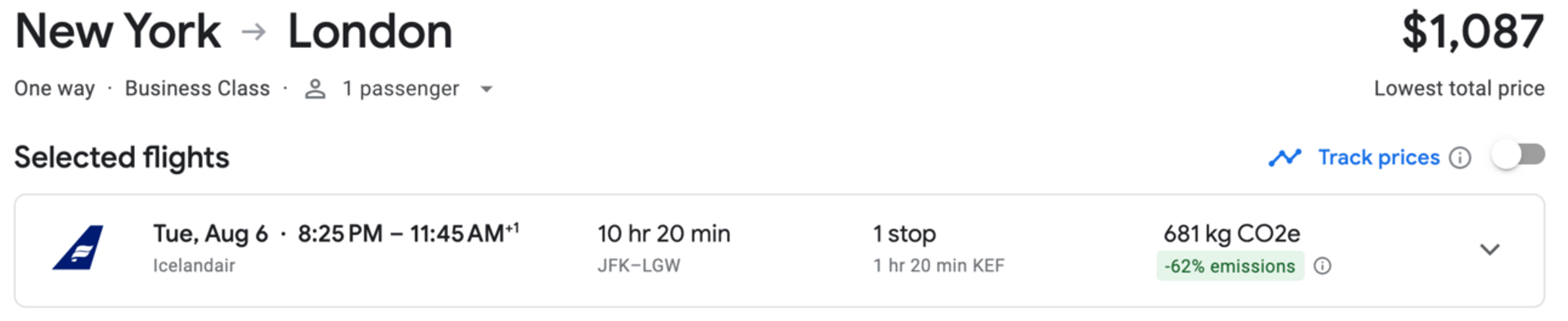 New York to London in business class for $1,087