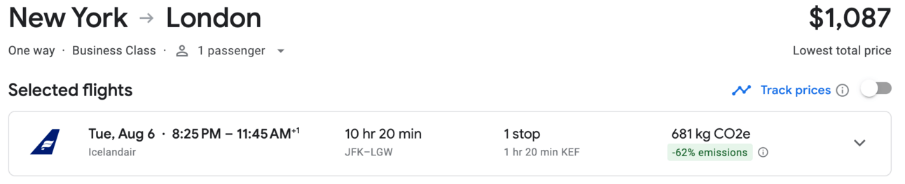 New York to London in business class for $1,087