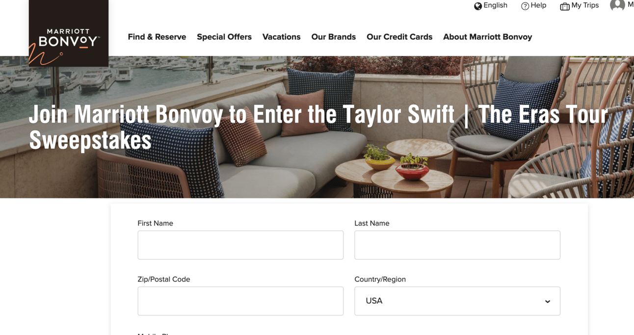 The entry form for Marriott's Taylor Swift giveaway