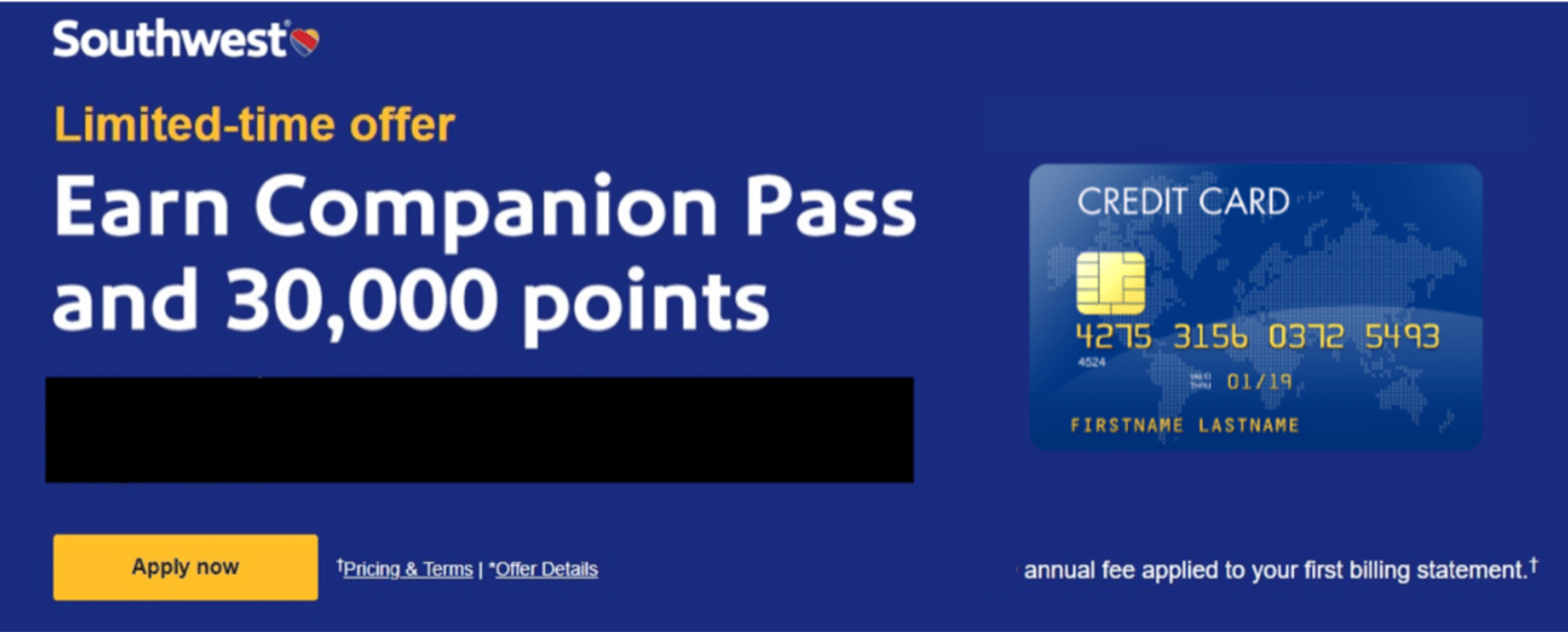 A banner image showing the current Southwest credit card offer