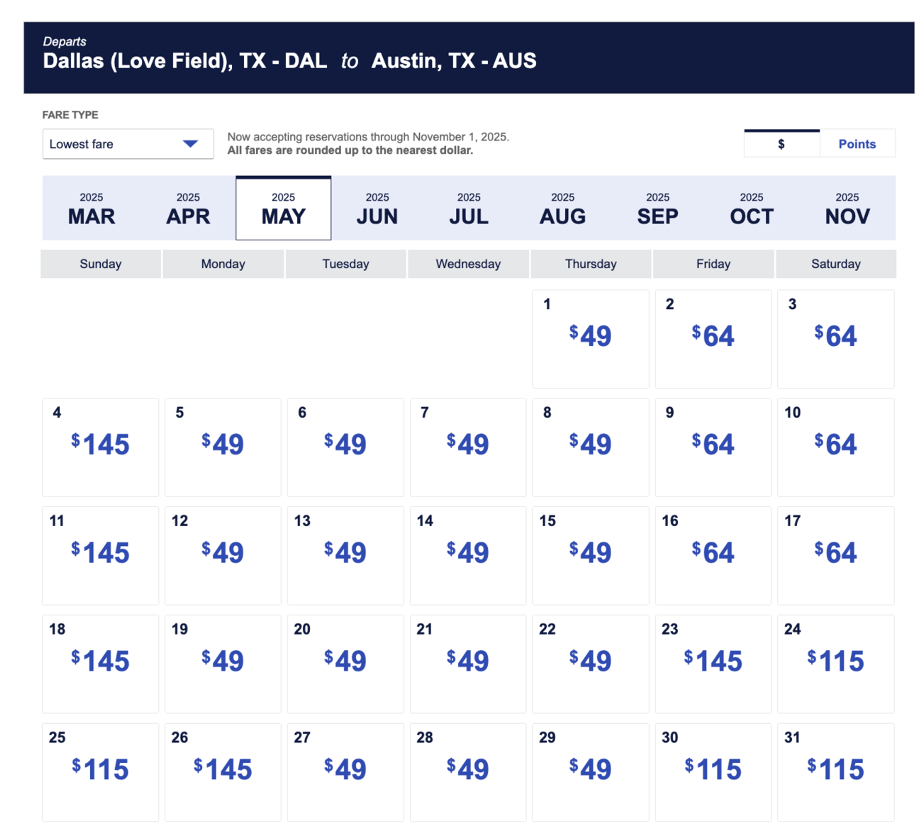 SW calendar Dallas > Austin