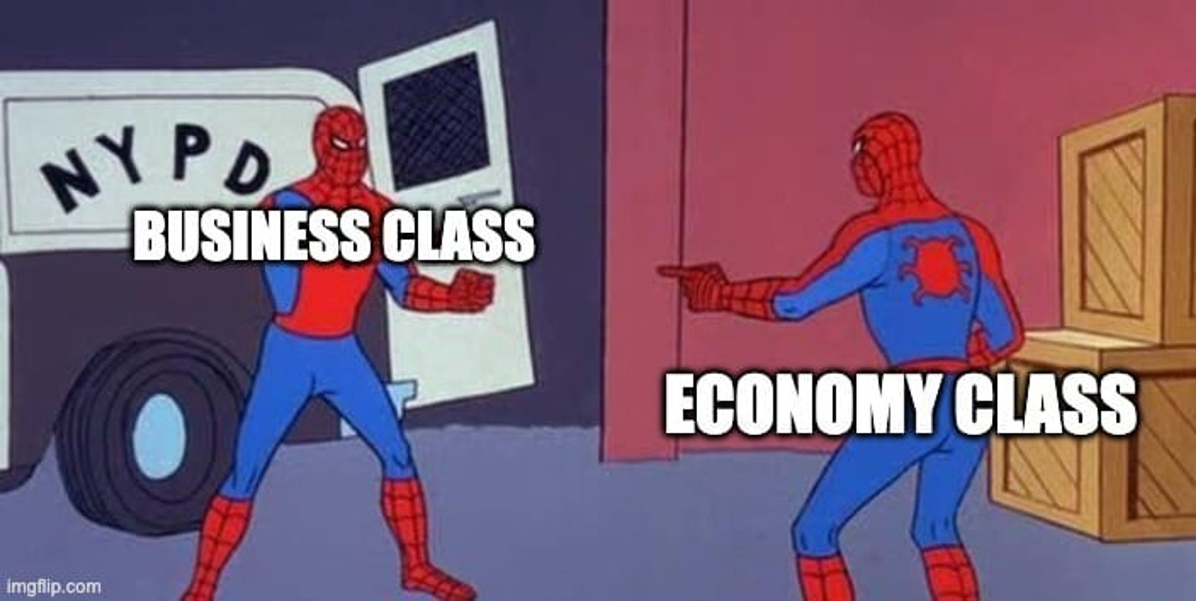 A meme showing two spidermans (spidermen?) pointing at each other; one labeled as Economy and the other as "business"
