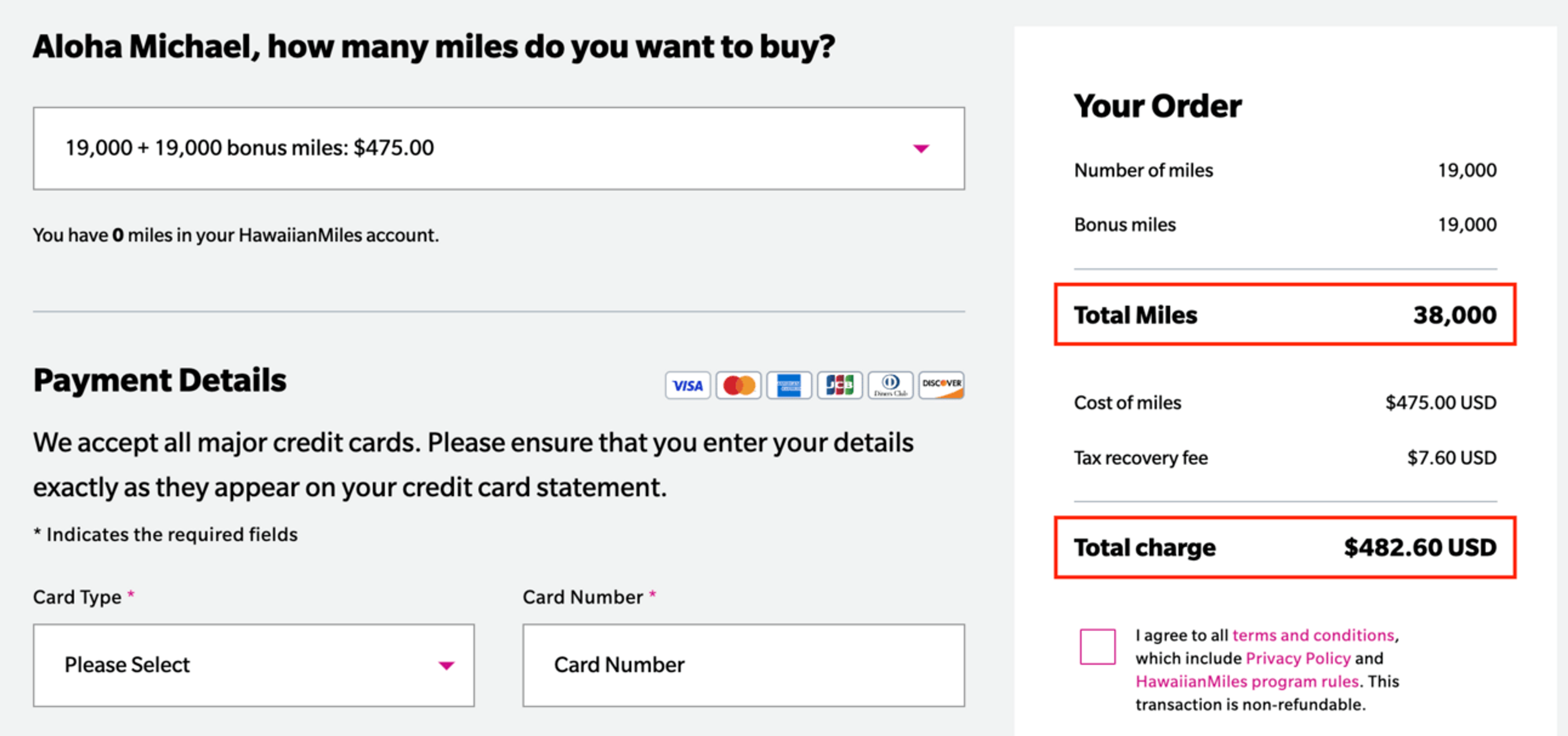 Purchasing Hawaiian miles