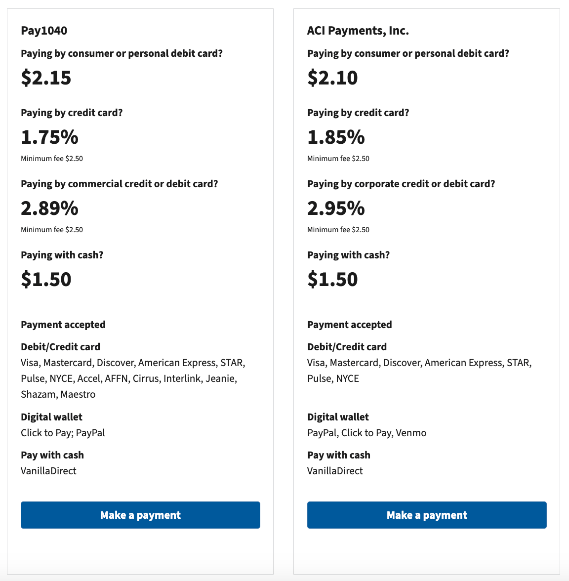 Screenshot from the IRS website showing the fees for using a credit card to pay taxes