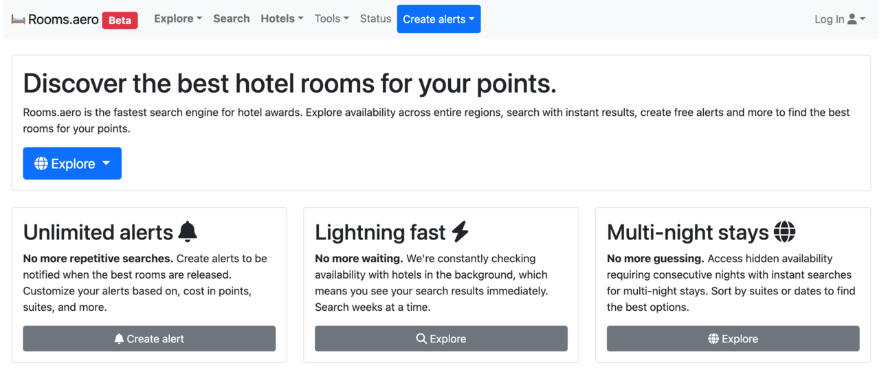 A screenshot showing the landing page of rooms.aero