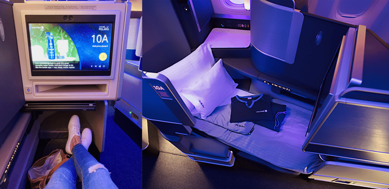 Images showing a business class seat in United Polaris