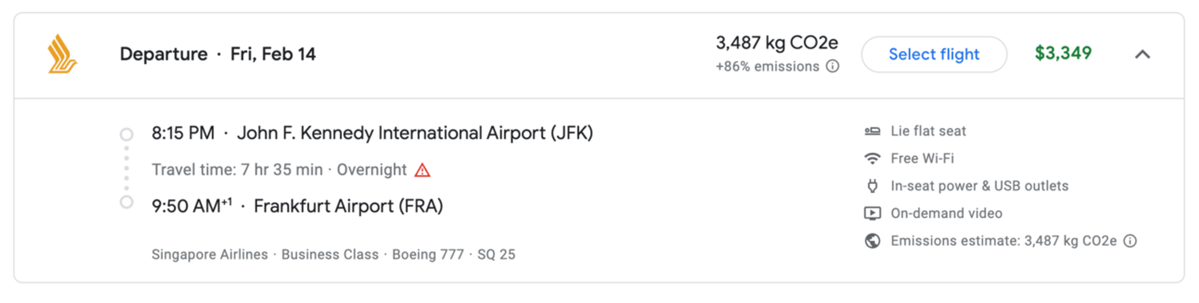 The same flight booked with cash for $3,349