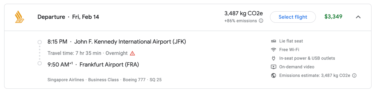 The same flight booked with cash for $3,349