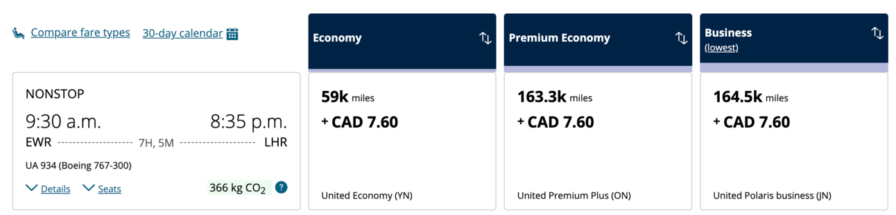 A screenshot of a booking on United with United miles