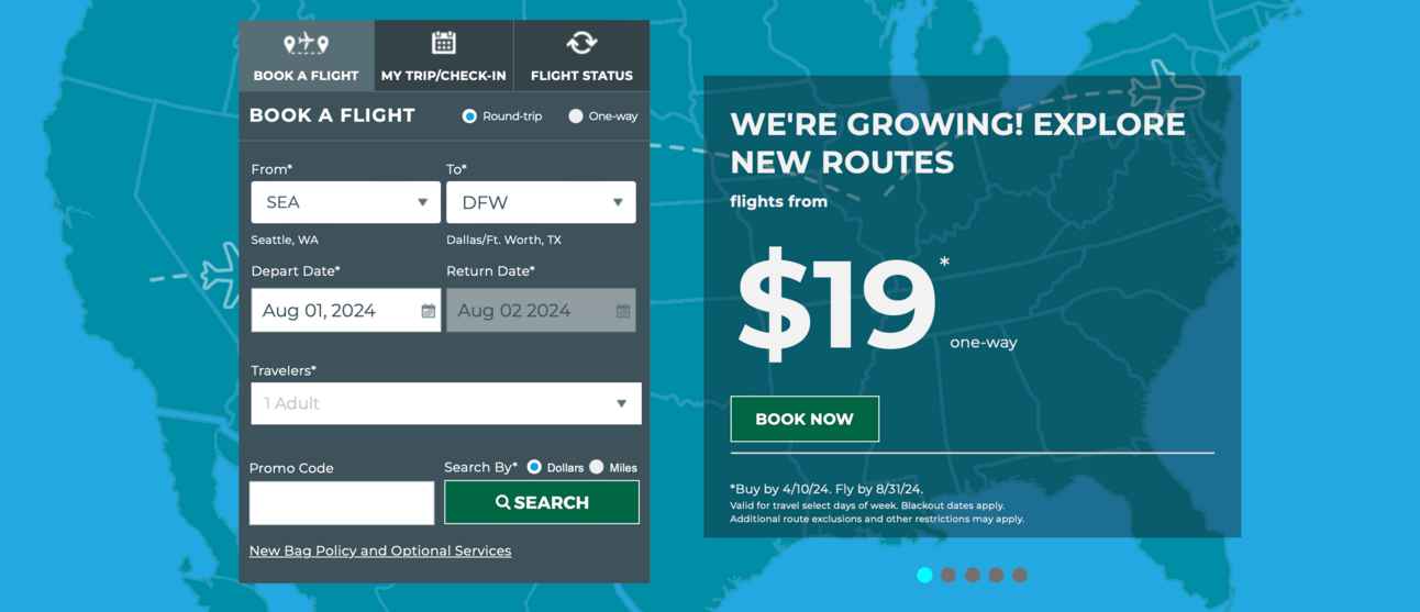 Screenshot showing Frontier's website ad for new $19 routes