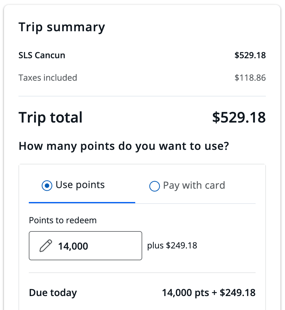 Sample cash/points booking combination