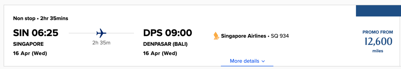 Singapore to Denpasar for 12,600 miles in business class