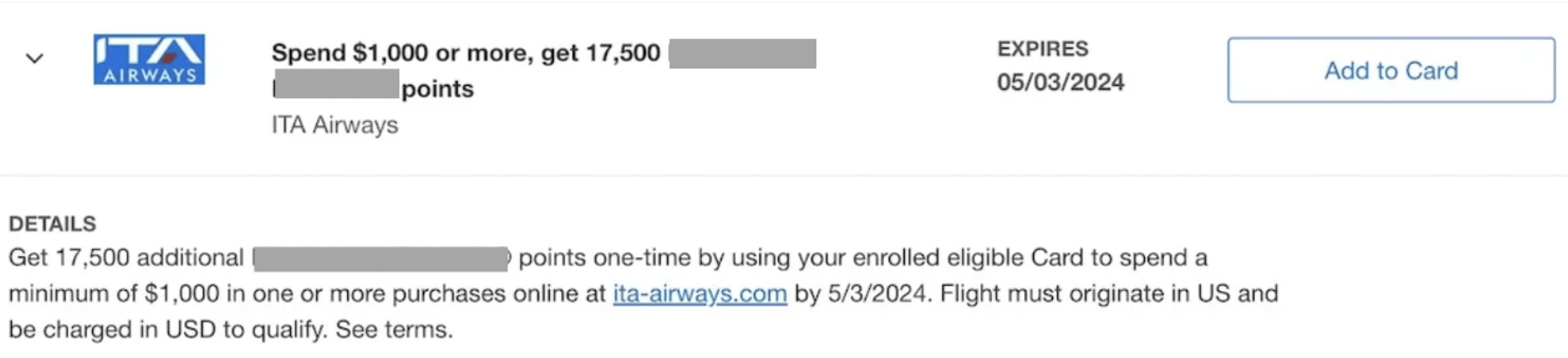 A screenshot showing an offer to earn 17,500 MR points after spending $1,000 with ITA Airways