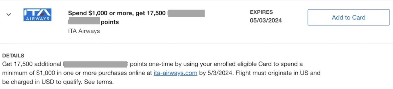A screenshot showing an offer to earn 17,500 MR points after spending $1,000 with ITA Airways