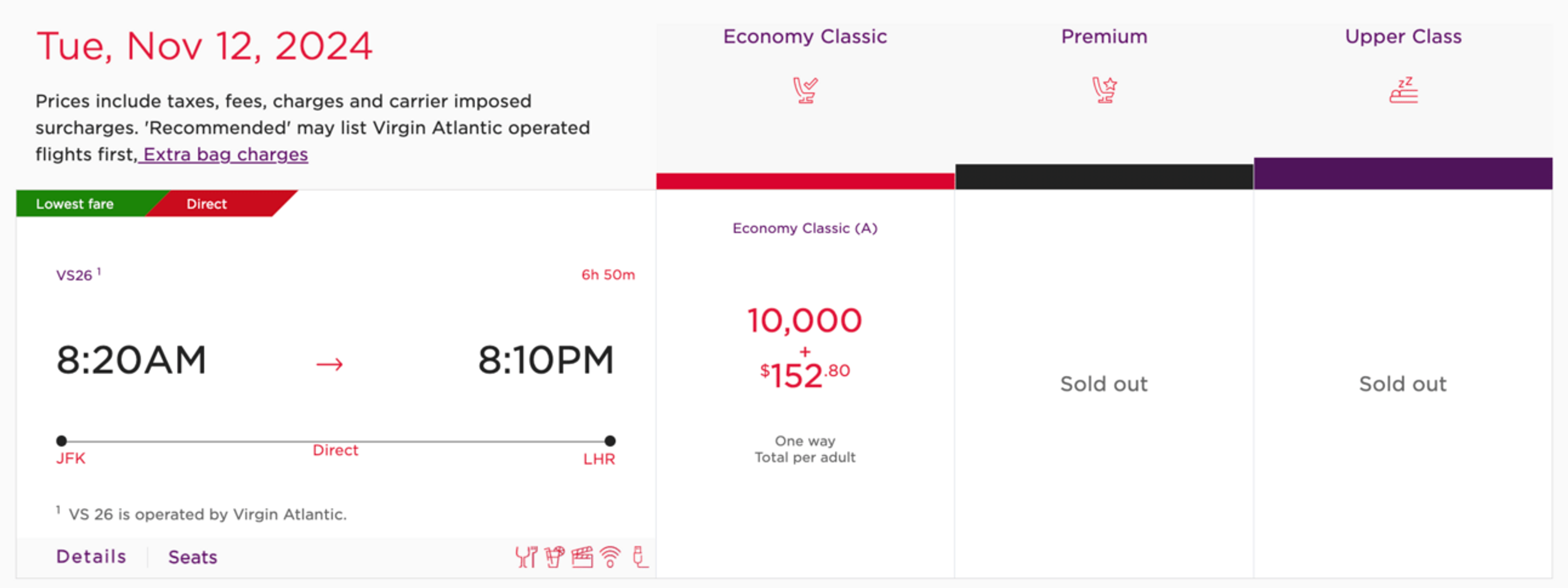 The same flight referenced earlier, but bookable for 10,000 Virgin miles