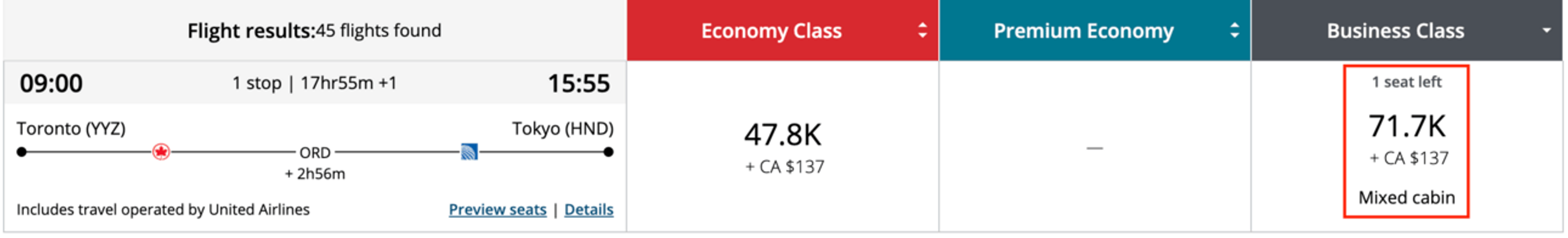 Aeroplan booking from YYZ-HND in business class