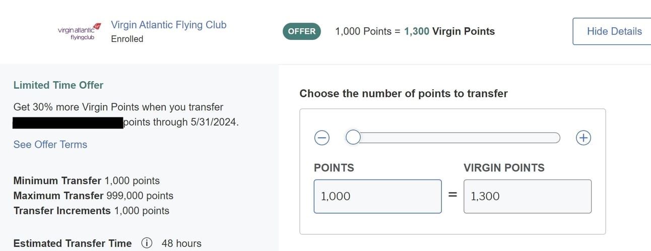 30% transfer bonus to Virgin Atlantic
