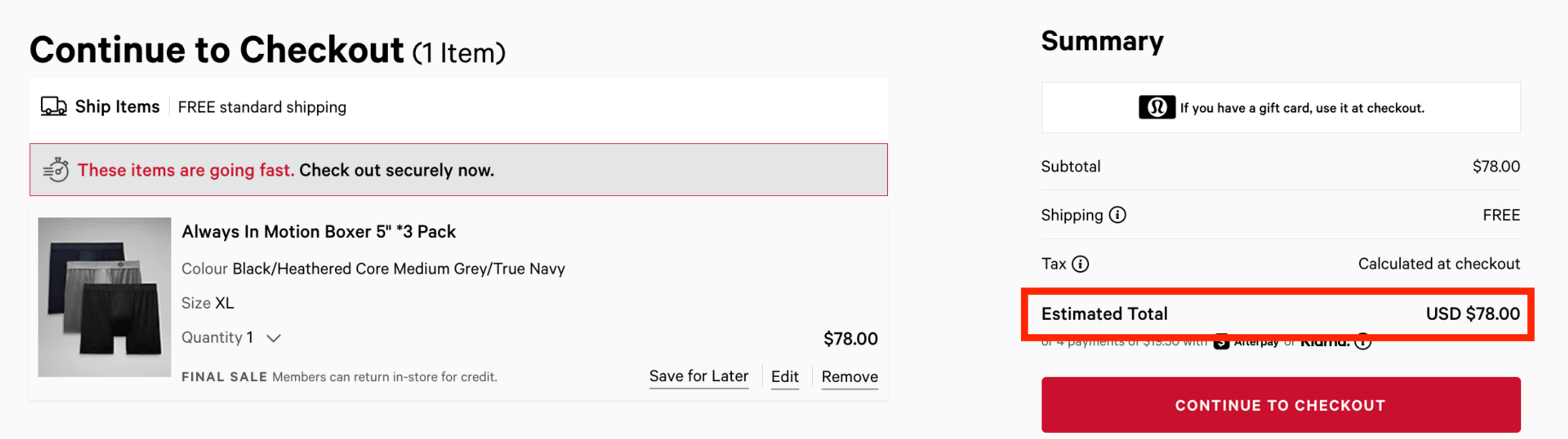 Example of a $78 lululemon purchase