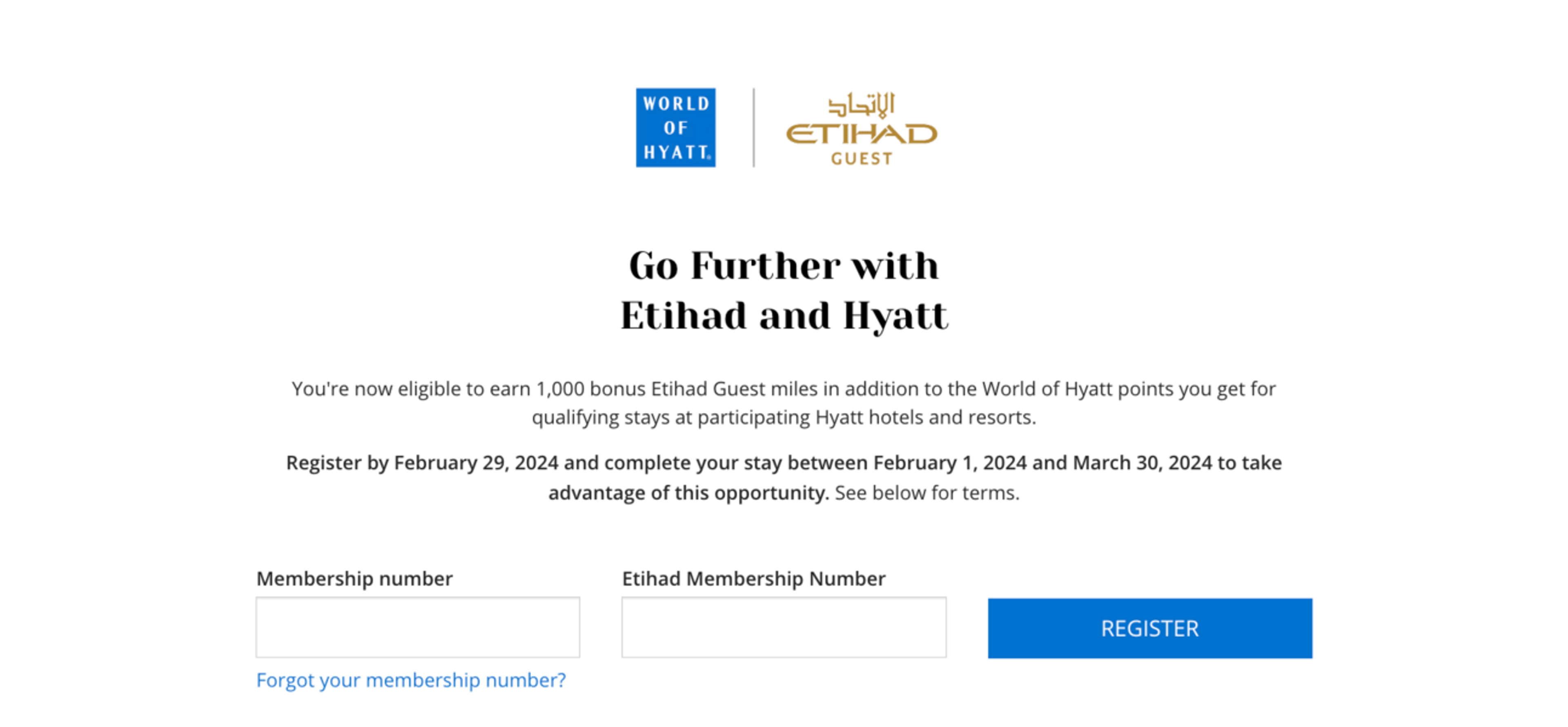 A screenshot fro the registration page fo the new Hyatt and Etihad partner promotion