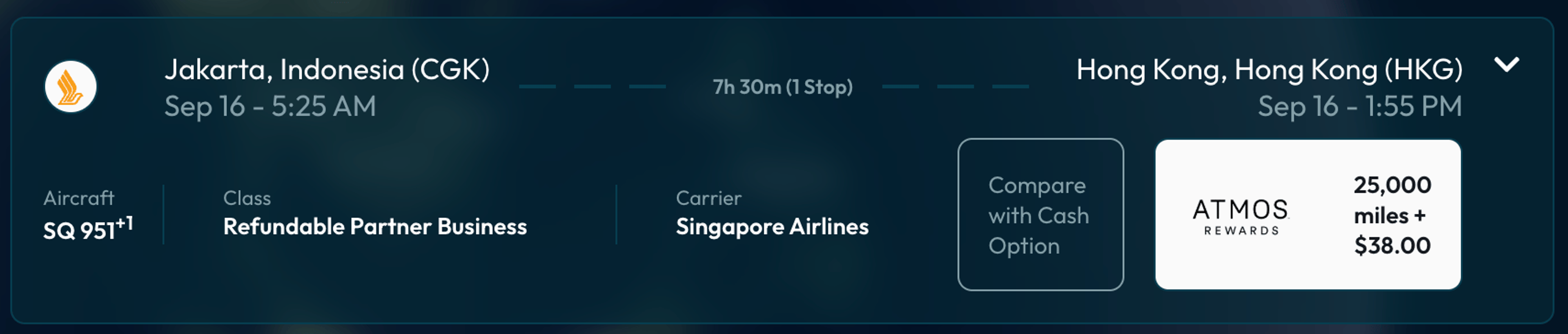 Jakarta to Hong Kong for 25,000 Atmos points in business class