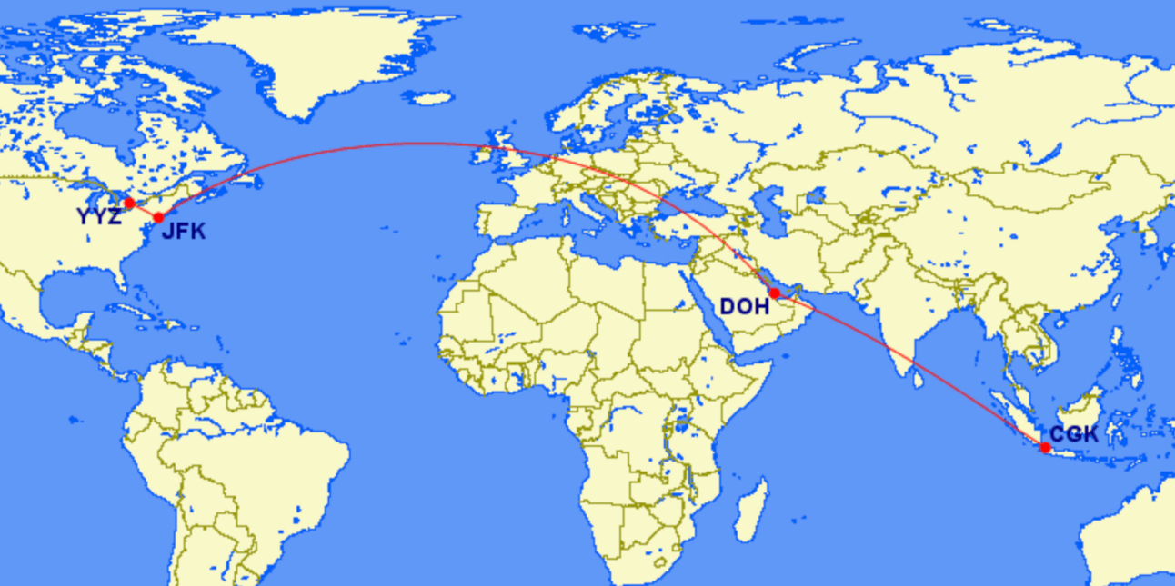 A map showing my flight route from Indonesia to Toronto