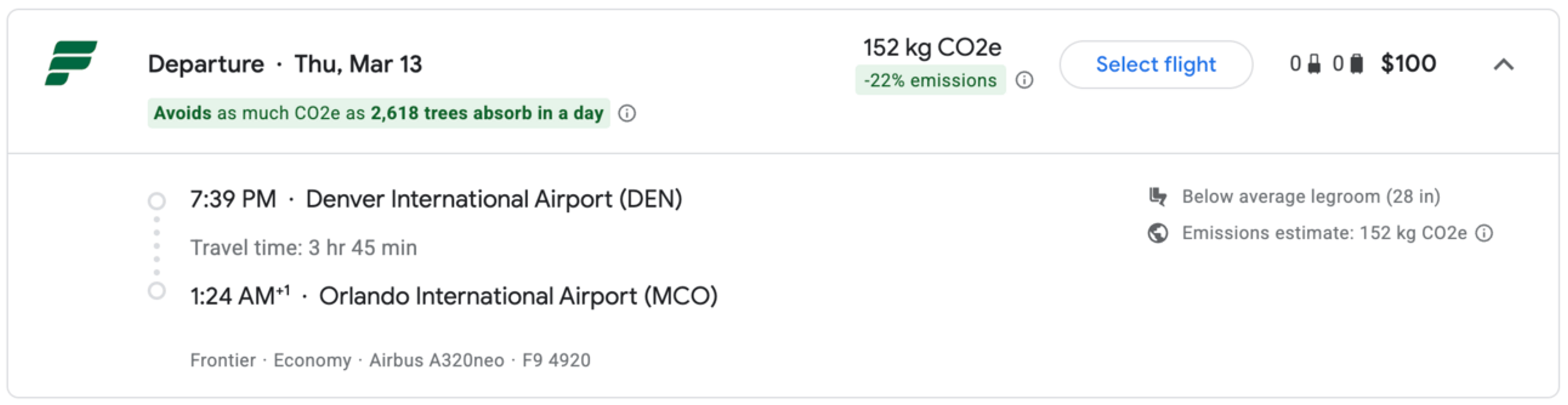 Google Flights search for a Frontier flight from Denver to Orlando