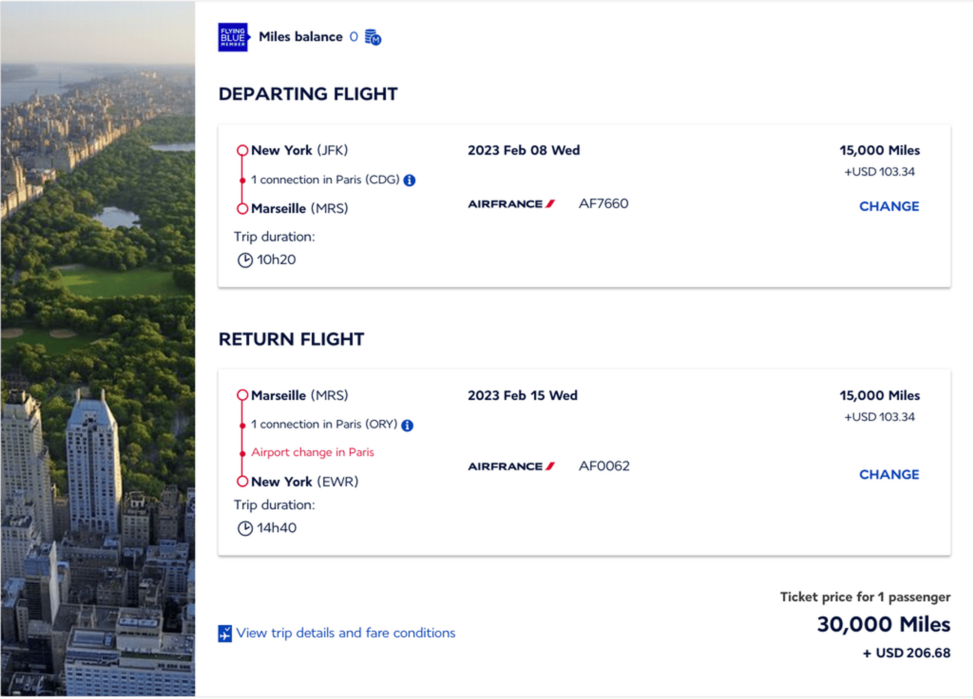 Screenshot from airfrance.com