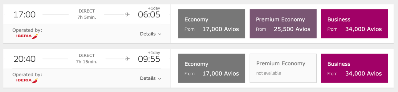Sample booking on Iberia’s website for January 18th, 2024