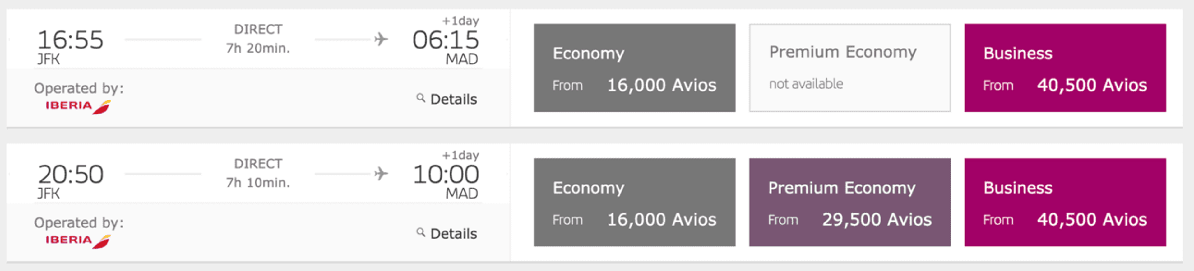 Iberia business class to Madrid for 40,500 Avios
