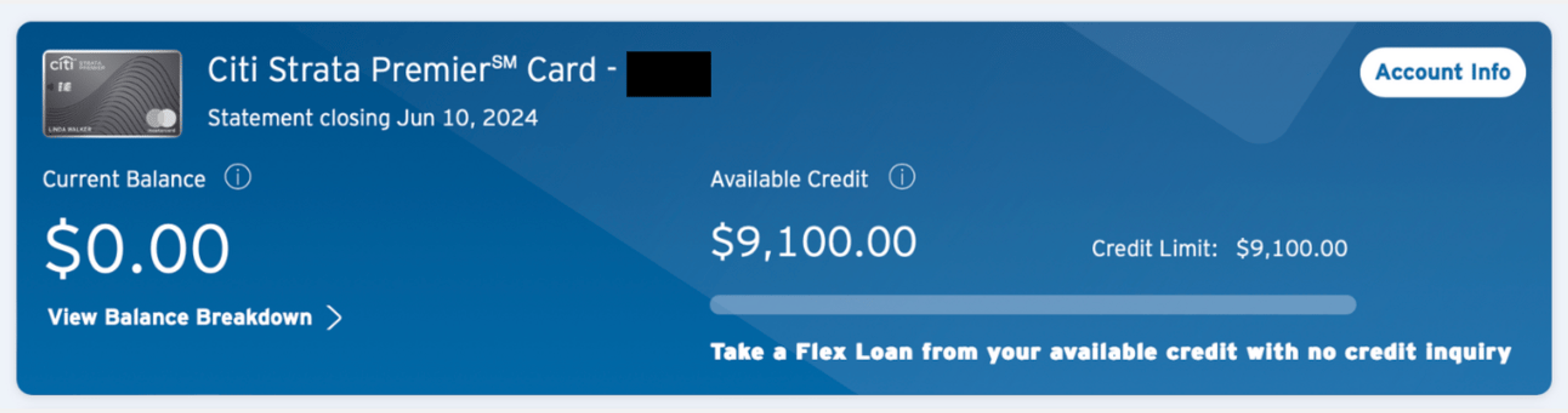 Screenshot of my online account showing the new Citi Strata Premier card
