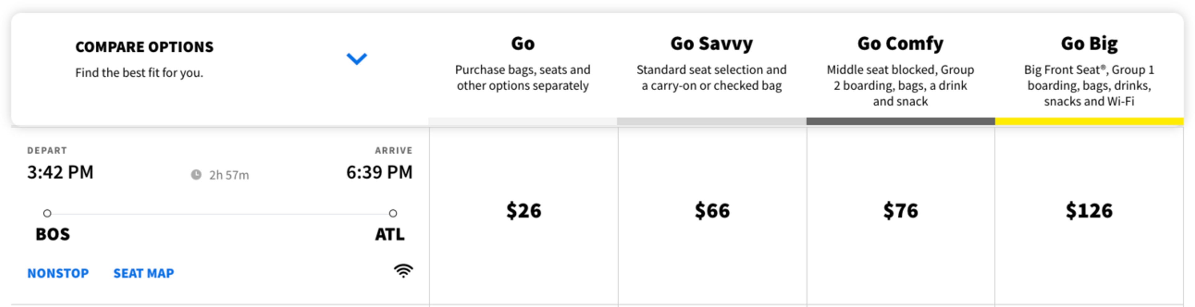 Example of a flight from Boston to Atlanta for $126 in "business class"