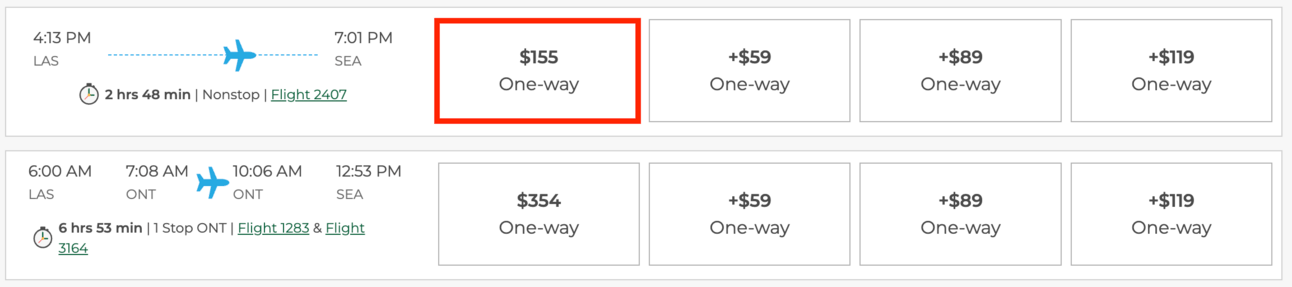 Example of a domestic flight from LAS-SEA for $155