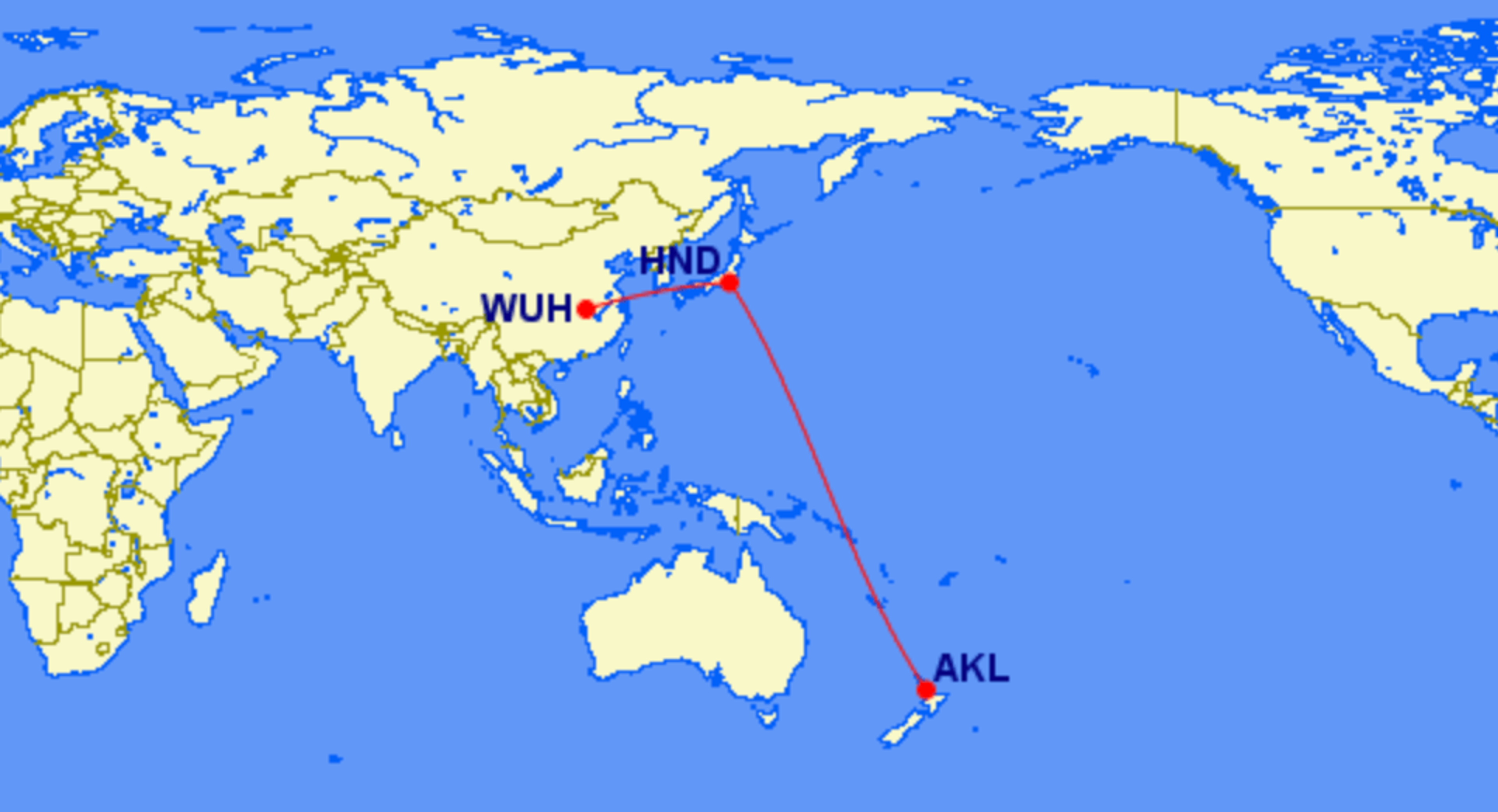 A map showing the flight route AKL-HND-WUH