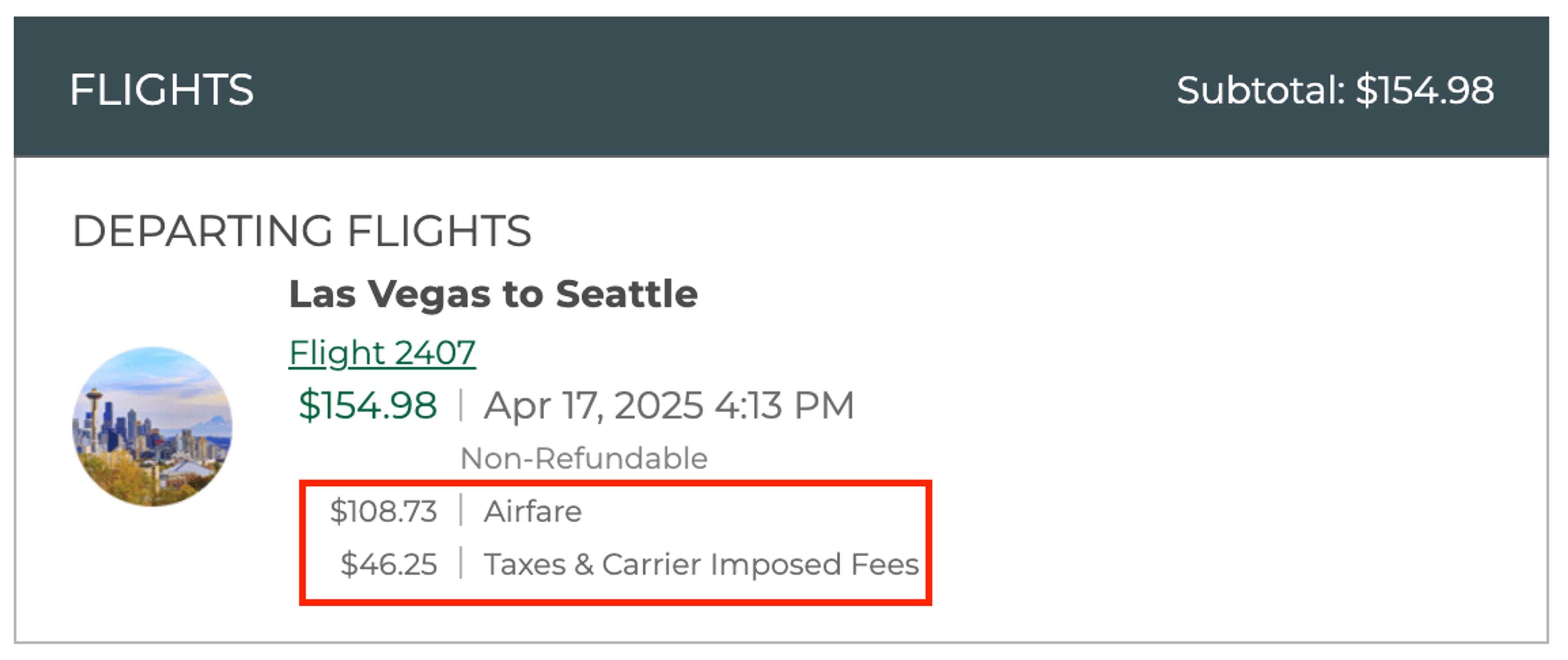 Breakdown of charges for the above flight, including airfare and taxes + fees