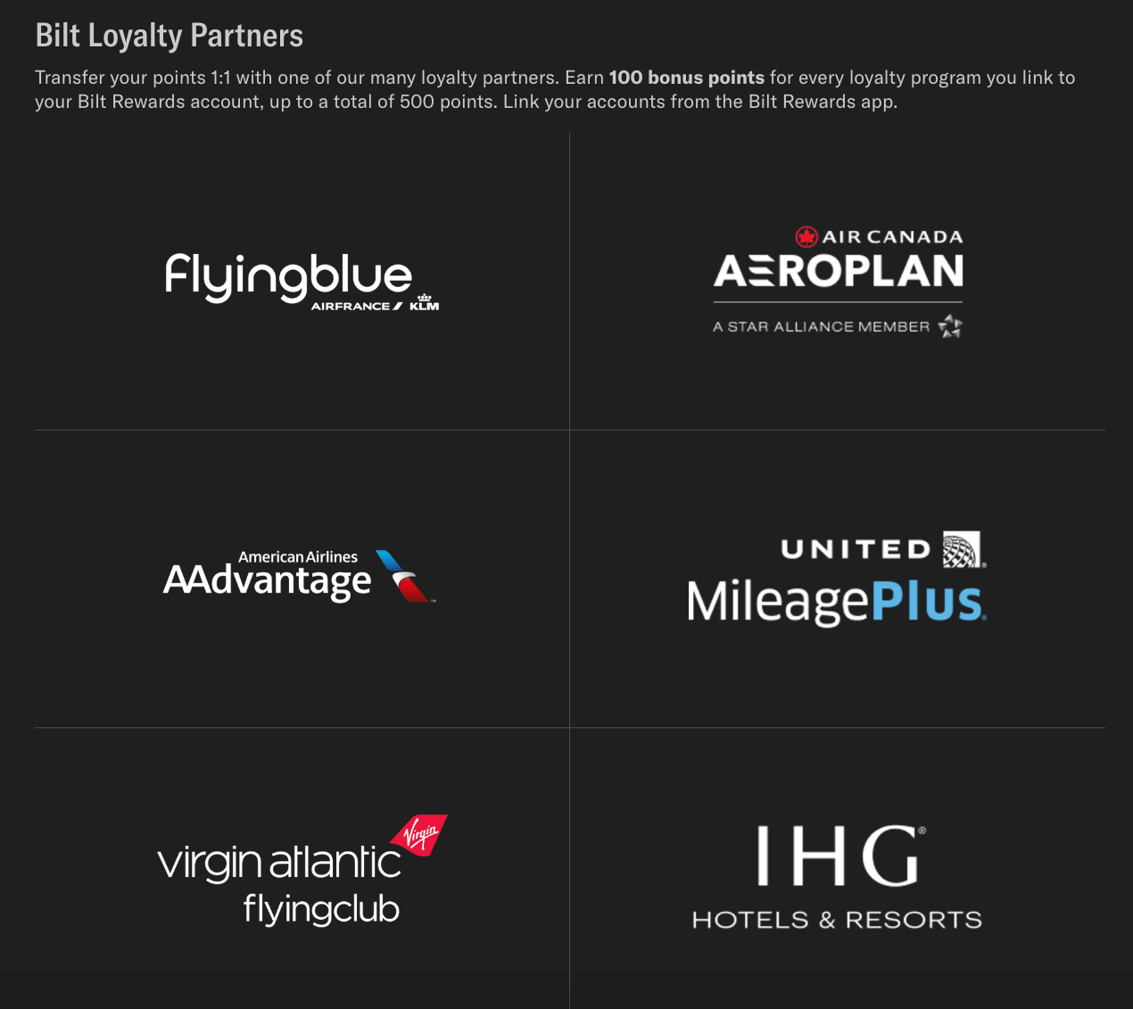 Bilt's various transfer partners