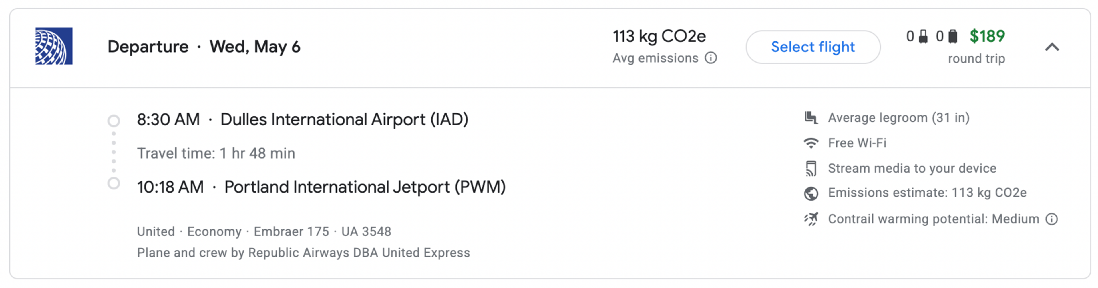 IAD to PWM for $189 round trip on United