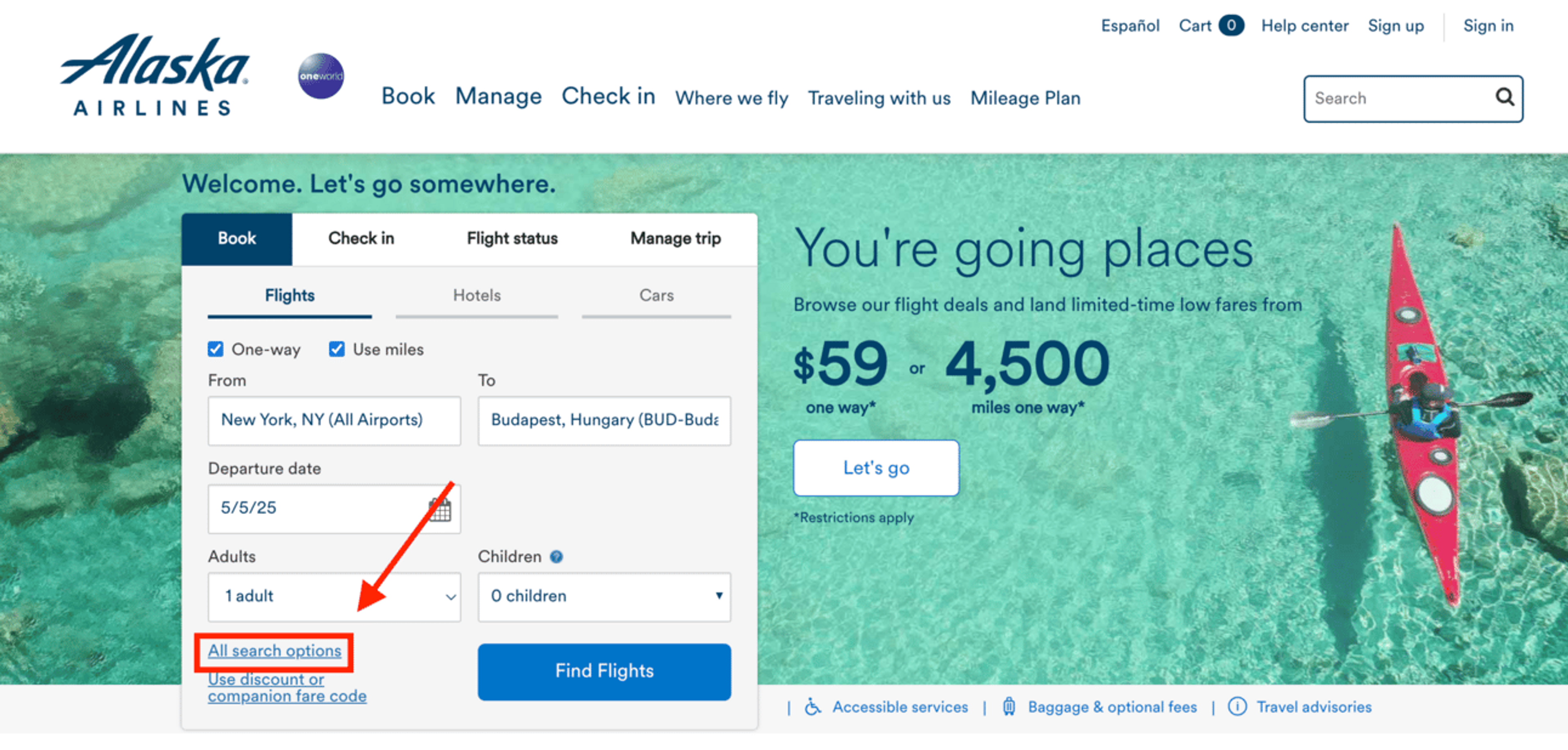 Alaska Airlines homepage