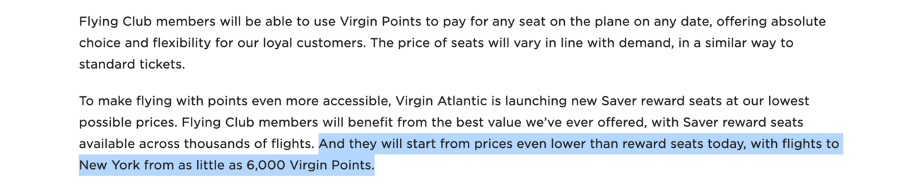 A screenshot showing part of the press release discussing upcoming award pricing changes