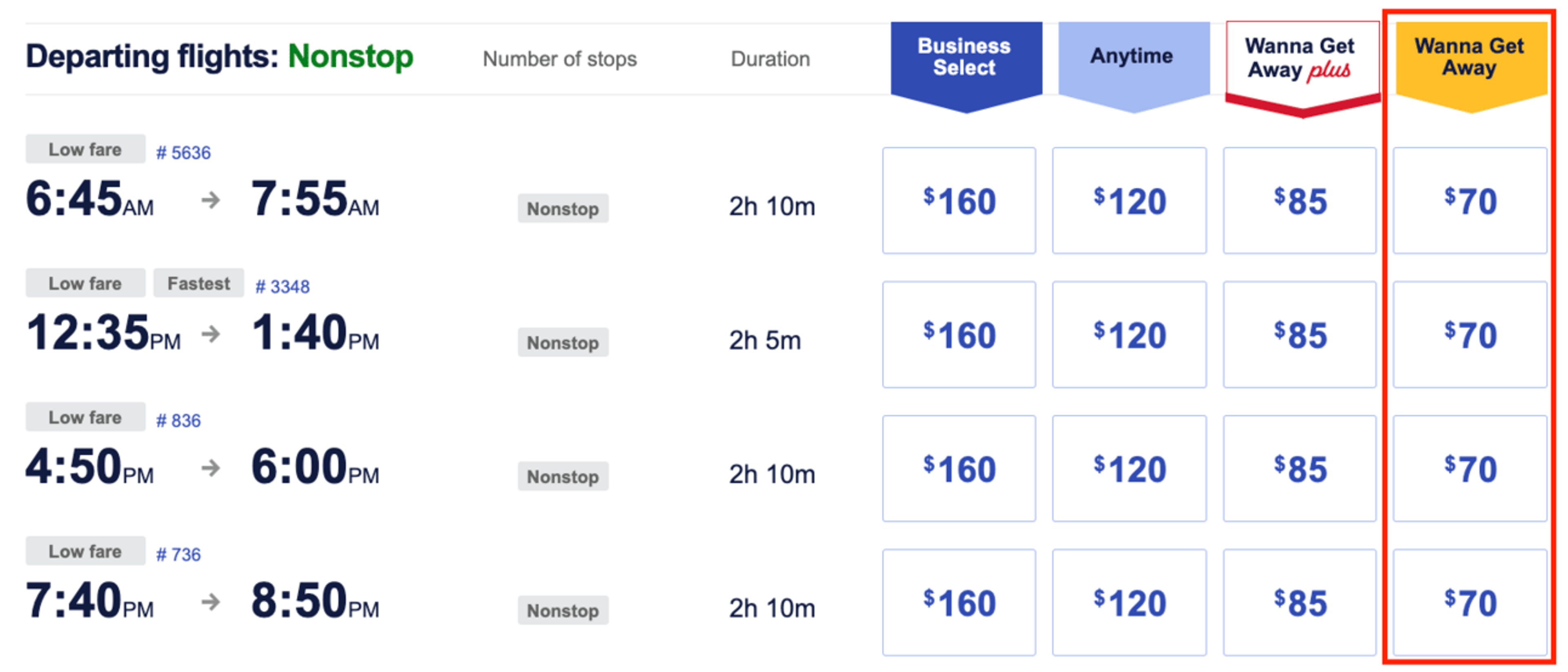 Example of a Southwest cash flight from Baltimore to Chicago for $70