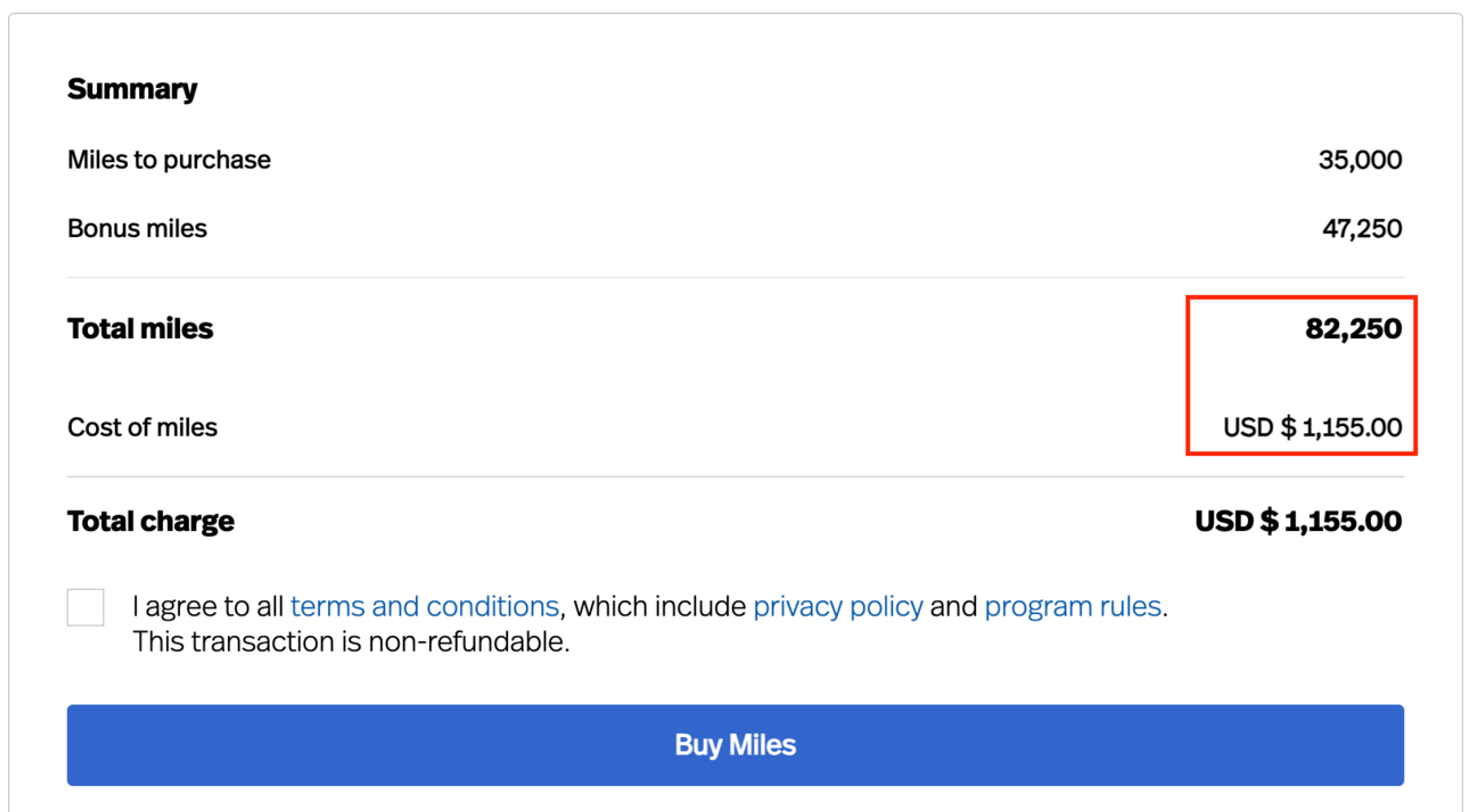 Example of purchasing 82,000 LifeMiles for $1,155