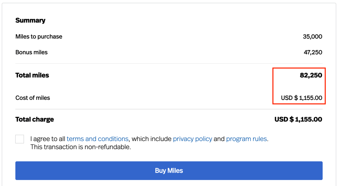 Example of purchasing 82,000 LifeMiles for $1,155