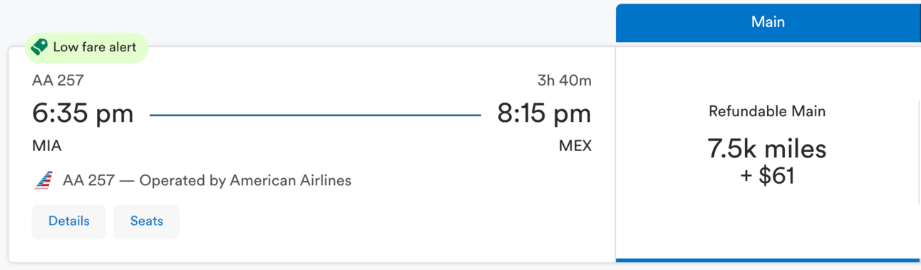MIA to MEX on AA for 7,500 Alaska miles