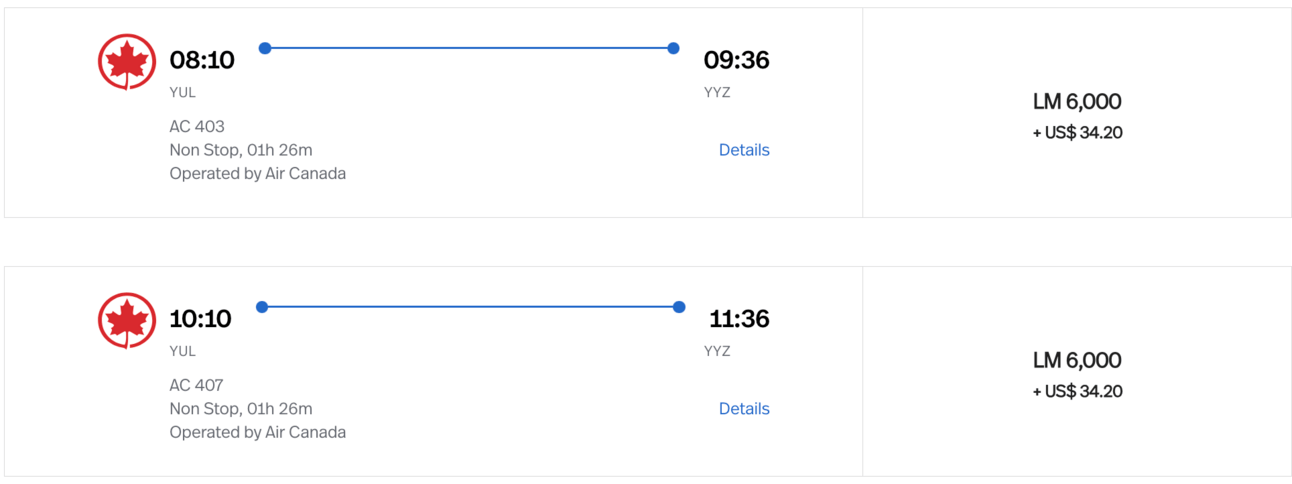 An example of an Air Canada flight using LifeMiles