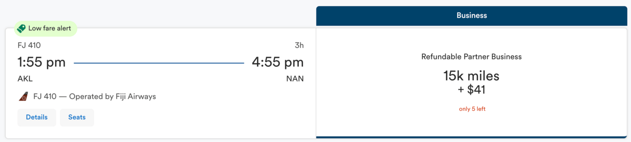 Auckland to Nadi for 15,000 Alaska miles in business class