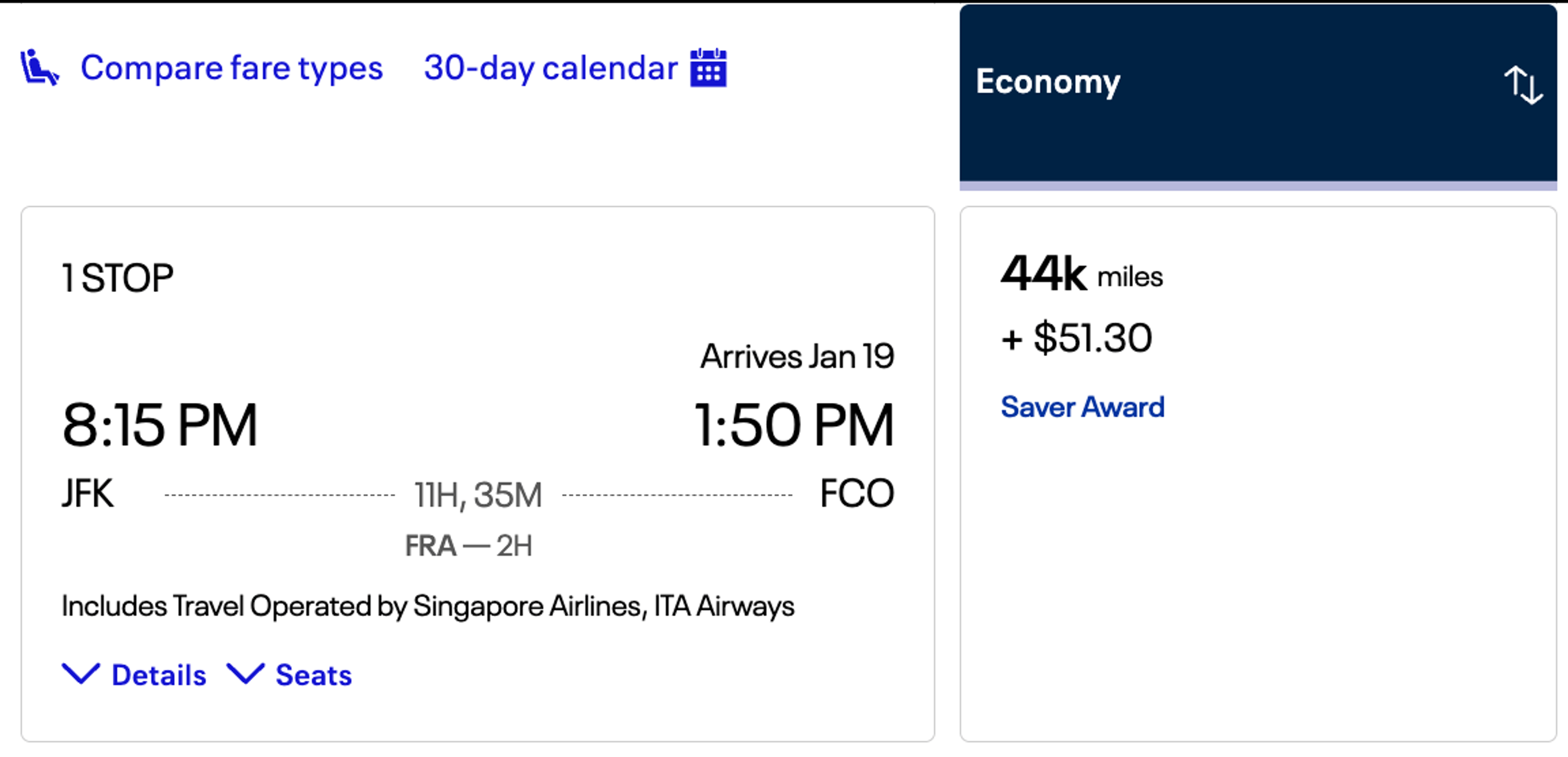 New York to Rome (vie Frankfurt) for 44,000 United miles