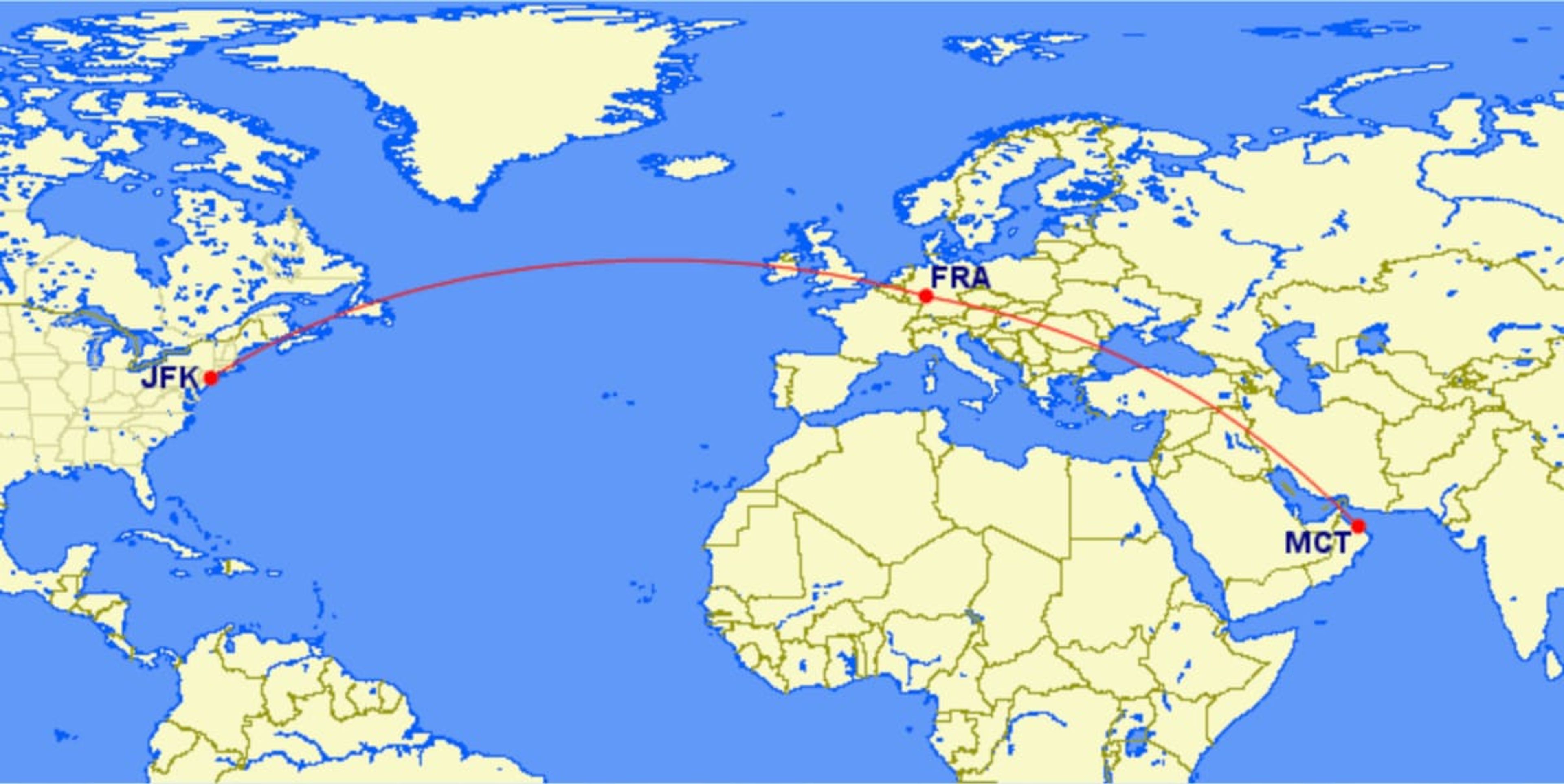 A map showing the aforementioned route from New York to Frankfurt to Muscat